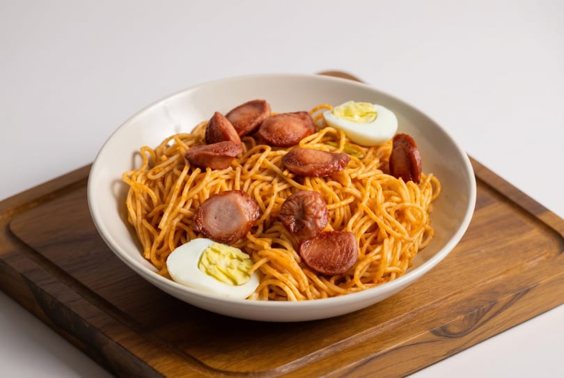 Spaghetti with sliced hotdogs and hard-boiled egg halves in a white bowl on a wooden tray.