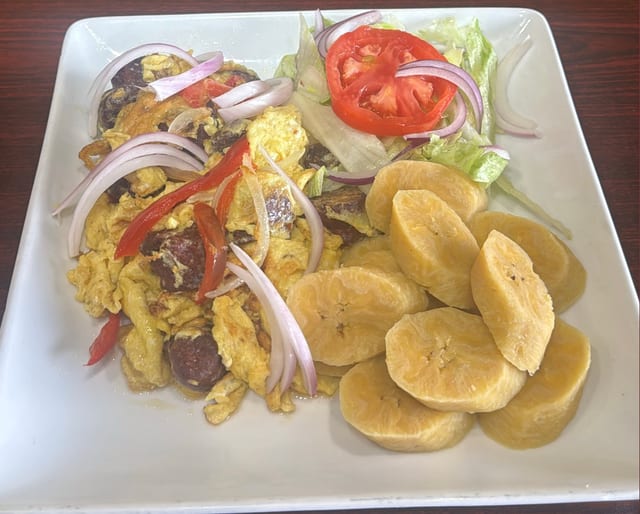 Boiled Plantain Fried Eggs Sausage Or Hot Dog.